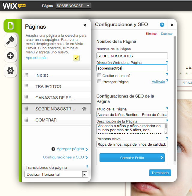 Menú de Configuraciones y SEO de cada página Menú de Configuraciones y SEO de cada página